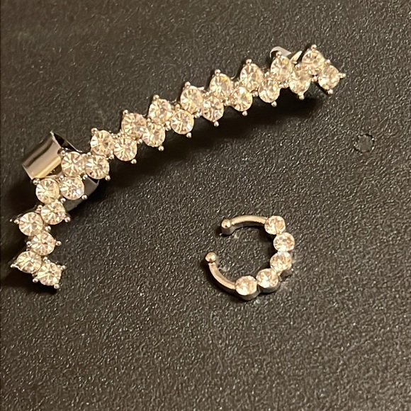 NWT Silver Plated Crystal Cubic Zoconia Ear Climber Cuff & Nose Ring Set - Picture 2 of 7